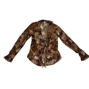 Women Brown Patchwork Sheer Mesh Ruffle Tie Front Long Sleeve Top Size 42
